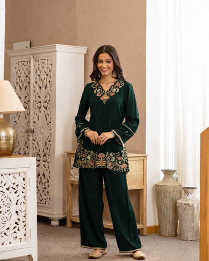 Women's Premium German Rayon Embroidered Coord Set in Brown & Dark Green
