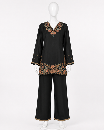 Women's Premium German Rayon Embroidered Coord Set in Brown & Dark Green