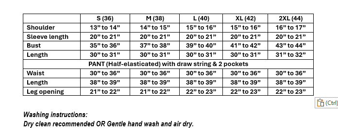 Size guide for Women's Premium German Rayon Embroidered Coord Set in Brown & Dark Green