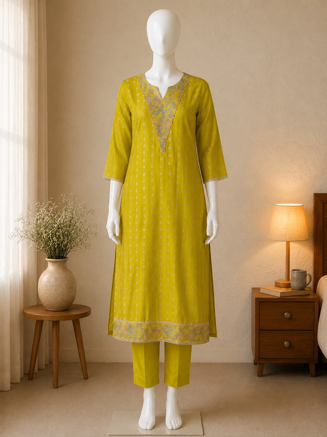 Women's sun glow yellow chinon silk kurta set (M, XL & 2XL)