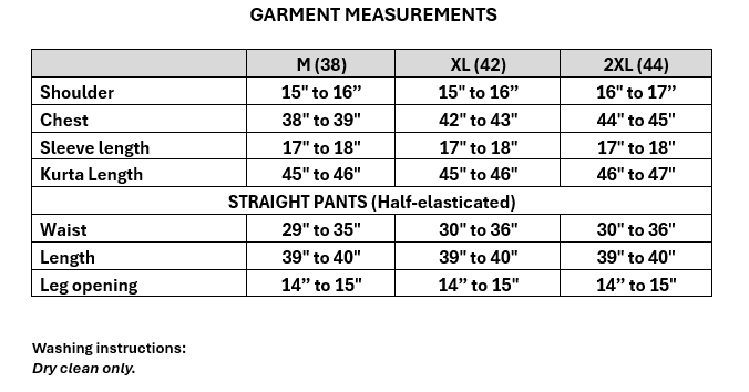 Size guide for Women's sun glow yellow chinon silk kurta set (M, XL & 2XL)