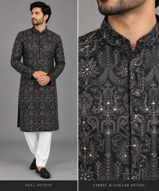 Men’s Black  & White Tussar Silk Embroidered Kurta Set in 2XL