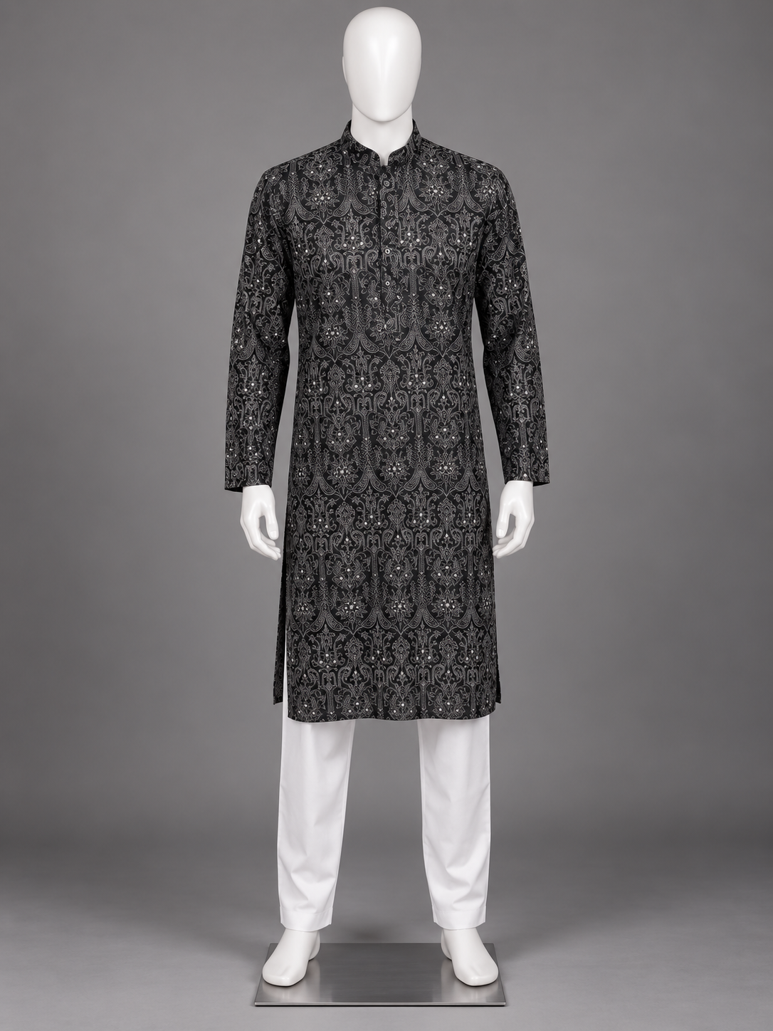 Men’s Black  & White Tussar Silk Embroidered Kurta Set in 2XL