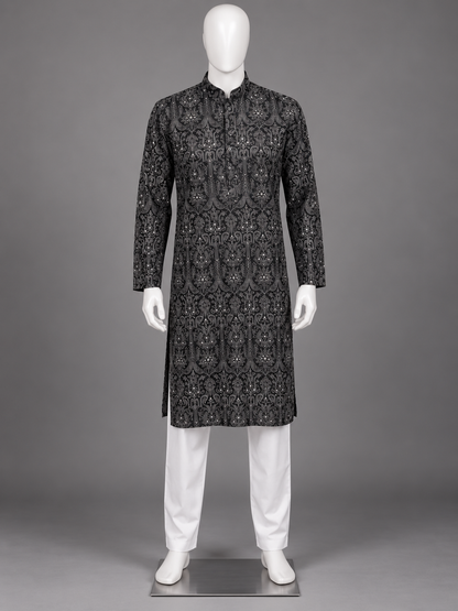 Men’s Black  & White Tussar Silk Embroidered Kurta Set in 2XL