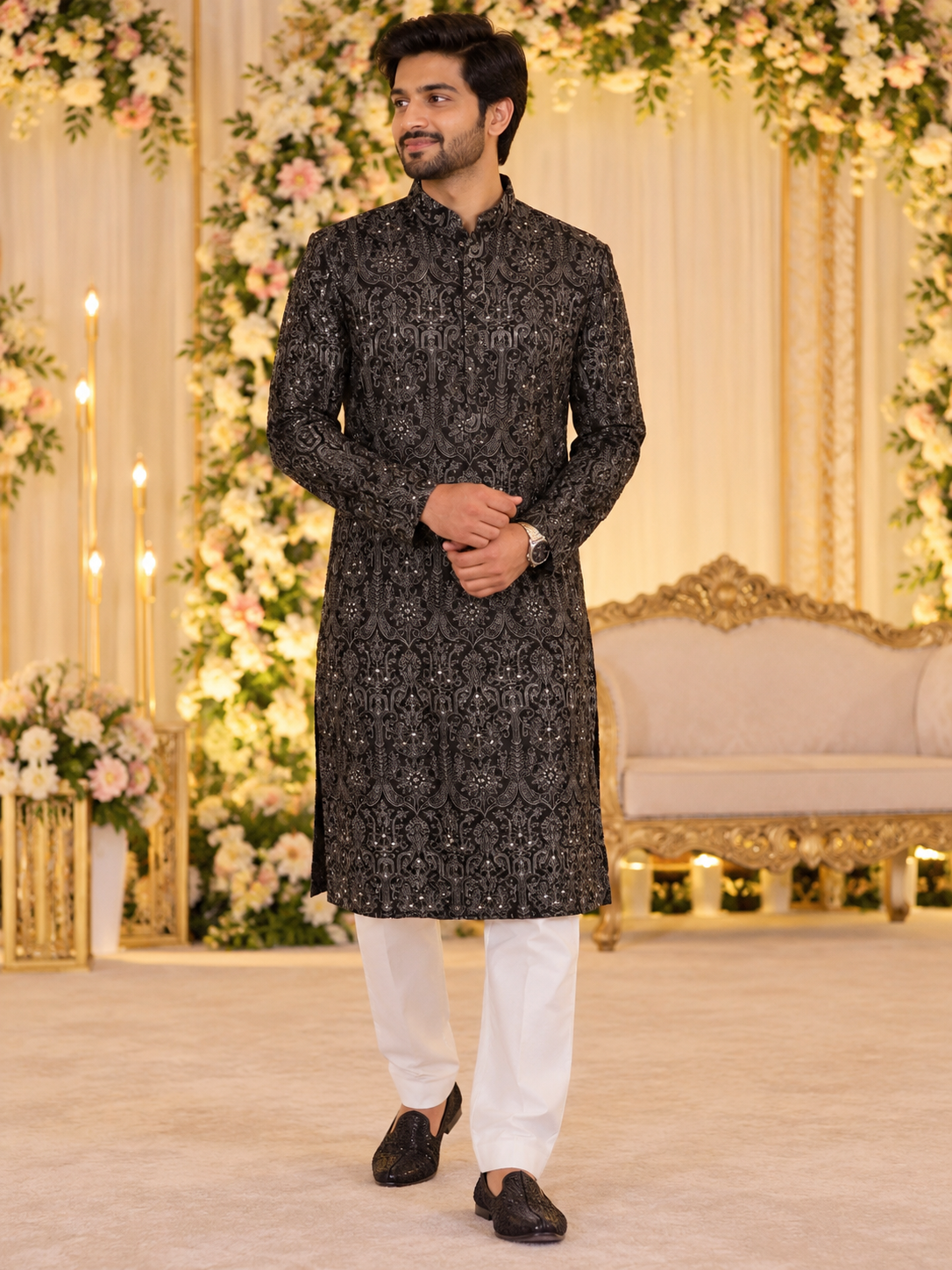 Men’s Black  & White Tussar Silk Embroidered Kurta Set in 2XL