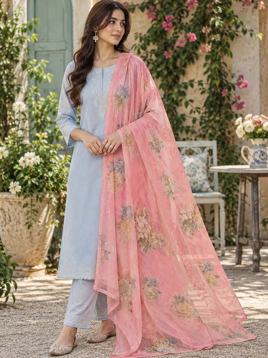 Women's Floral Printed Pink Georgette Dupatta