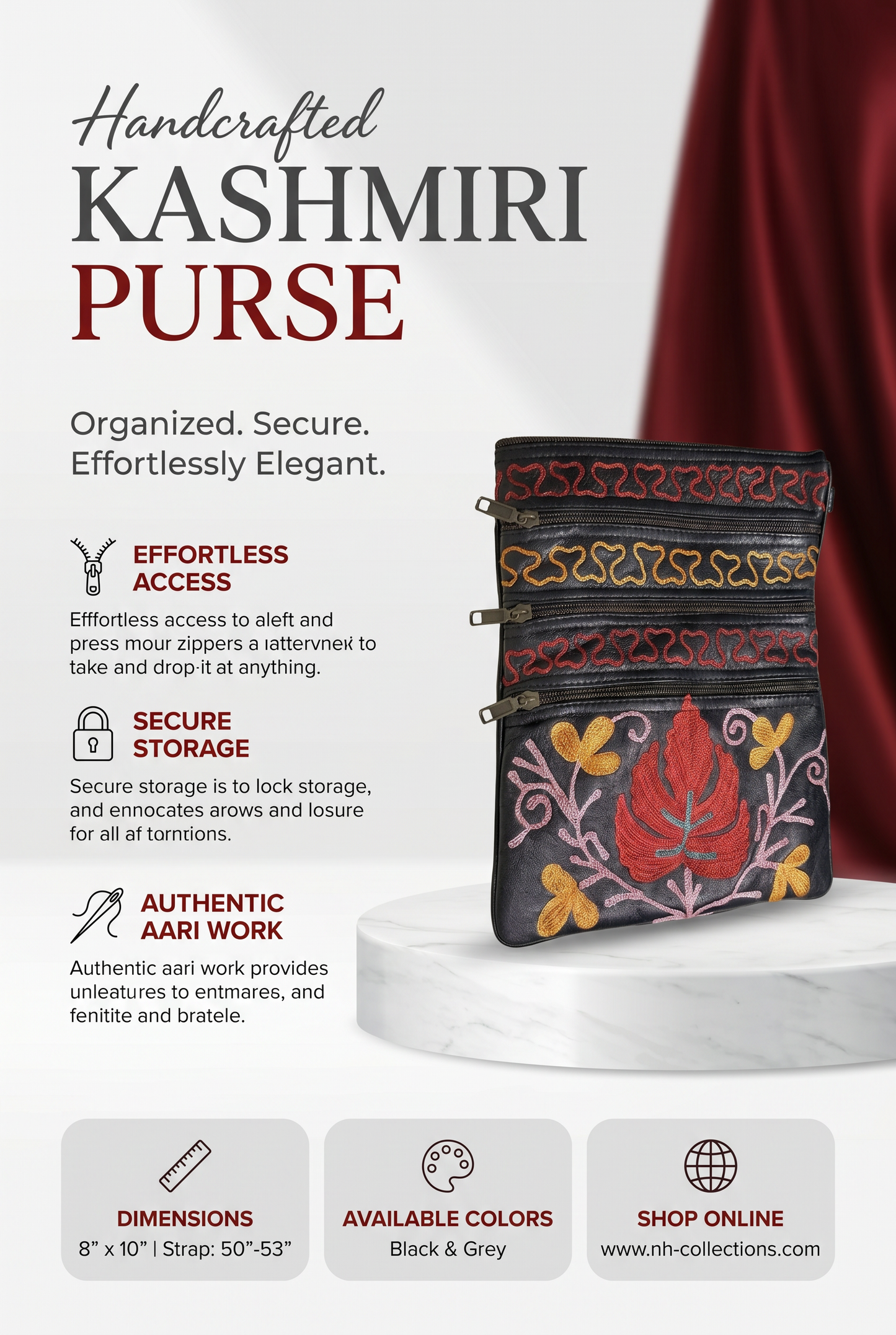 Women's black kashmiri aari work leather purse