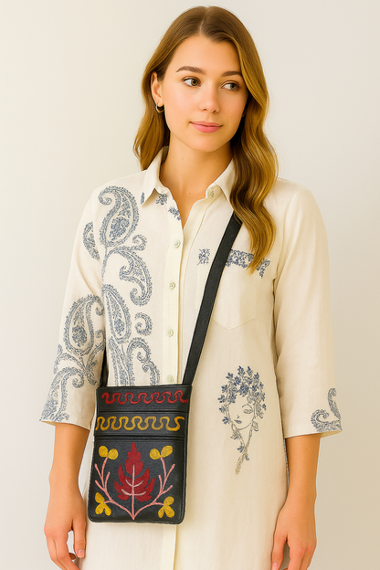 Women's black kashmiri aari work leather purse