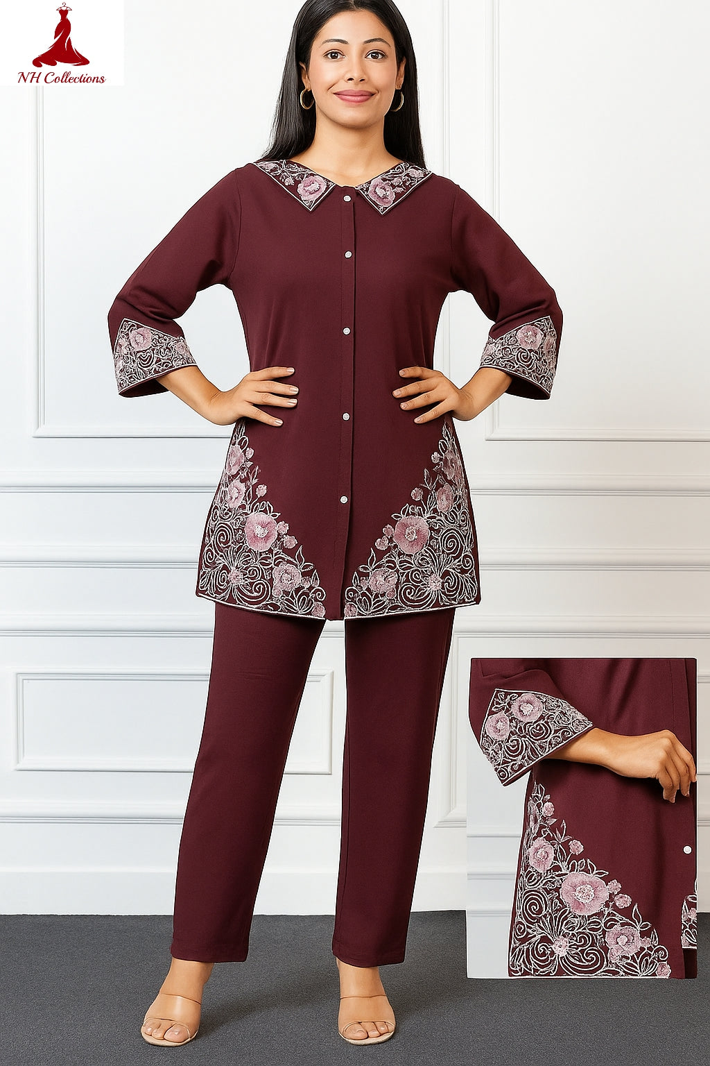 Women’s embroidered co-ord set in stretchable cotton in M & L
