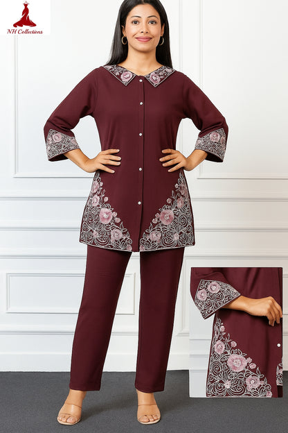 Women’s embroidered co-ord set in stretchable cotton in M & L