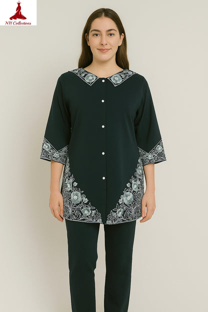 Women’s embroidered co-ord set in stretchable cotton in M & L