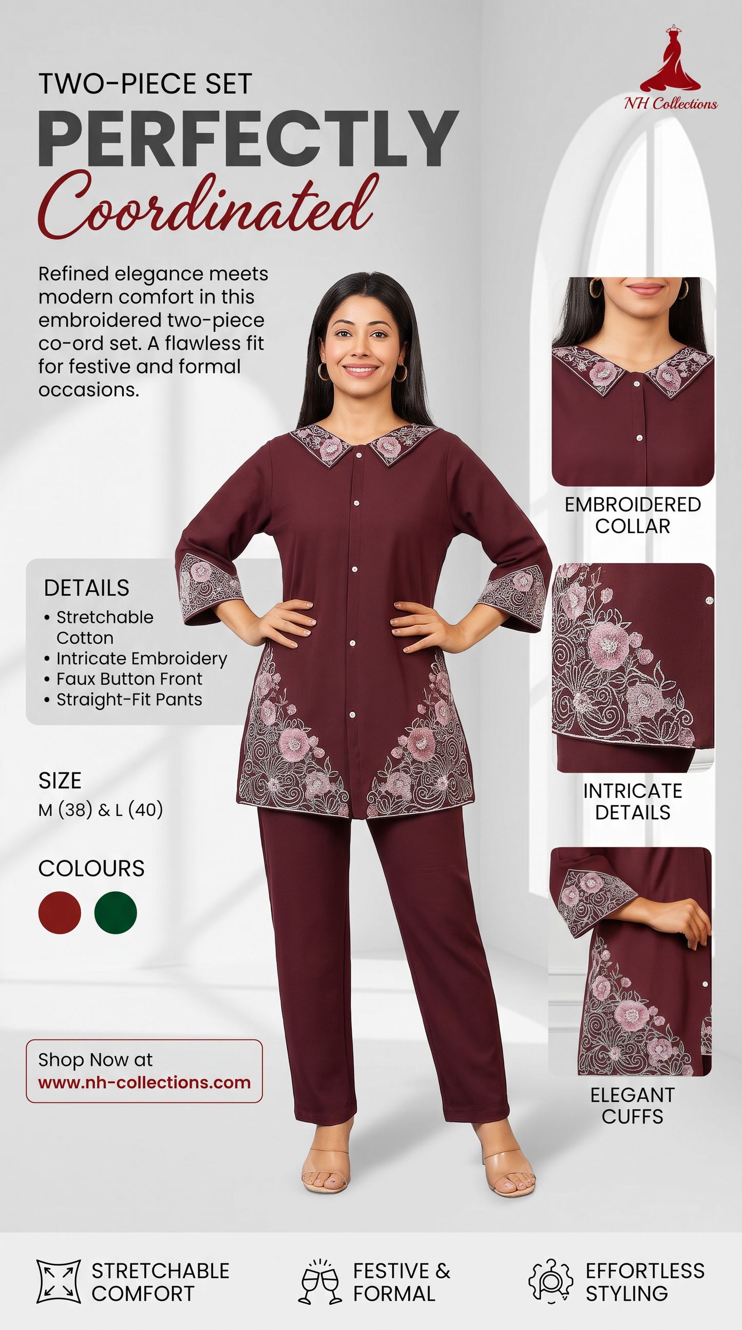 Women’s embroidered co-ord set in stretchable cotton in M & L