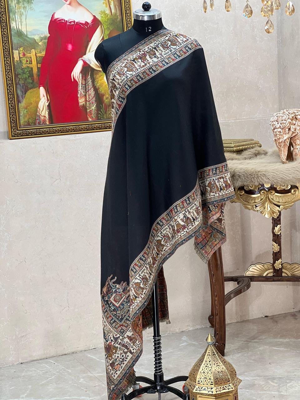 Women's pashmina stole with intricate Mughal motif weaving