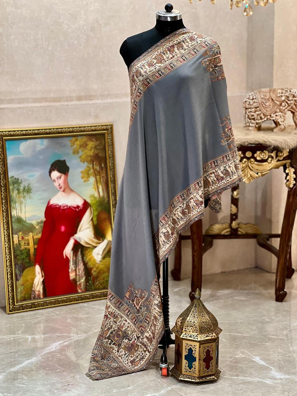 Women's pashmina stole with intricate Mughal motif weaving