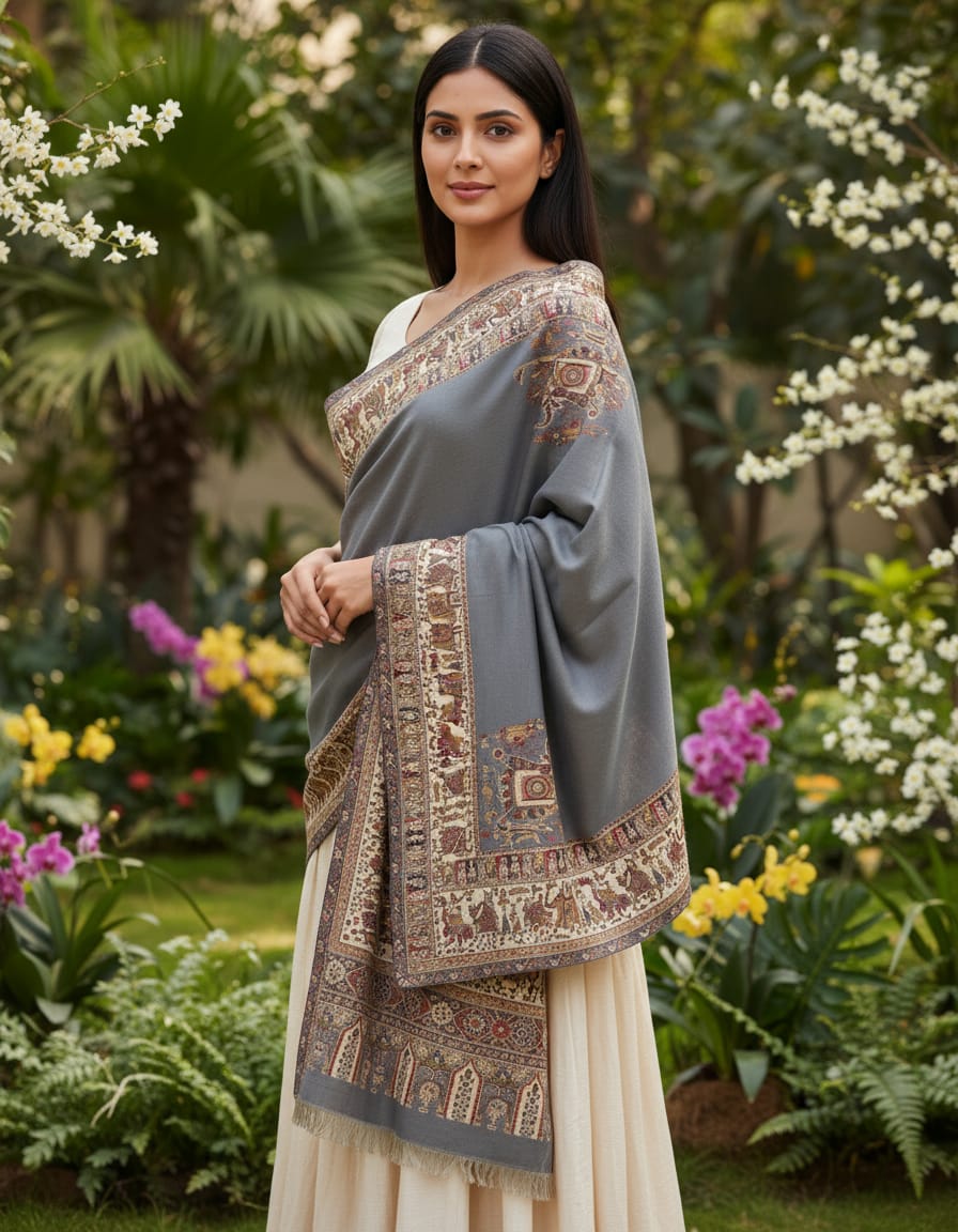 Women's pashmina stole with intricate Mughal motif weaving