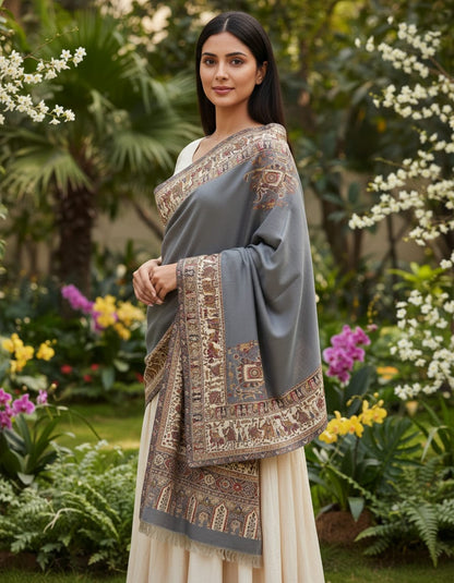 Women's pashmina stole with intricate Mughal motif weaving