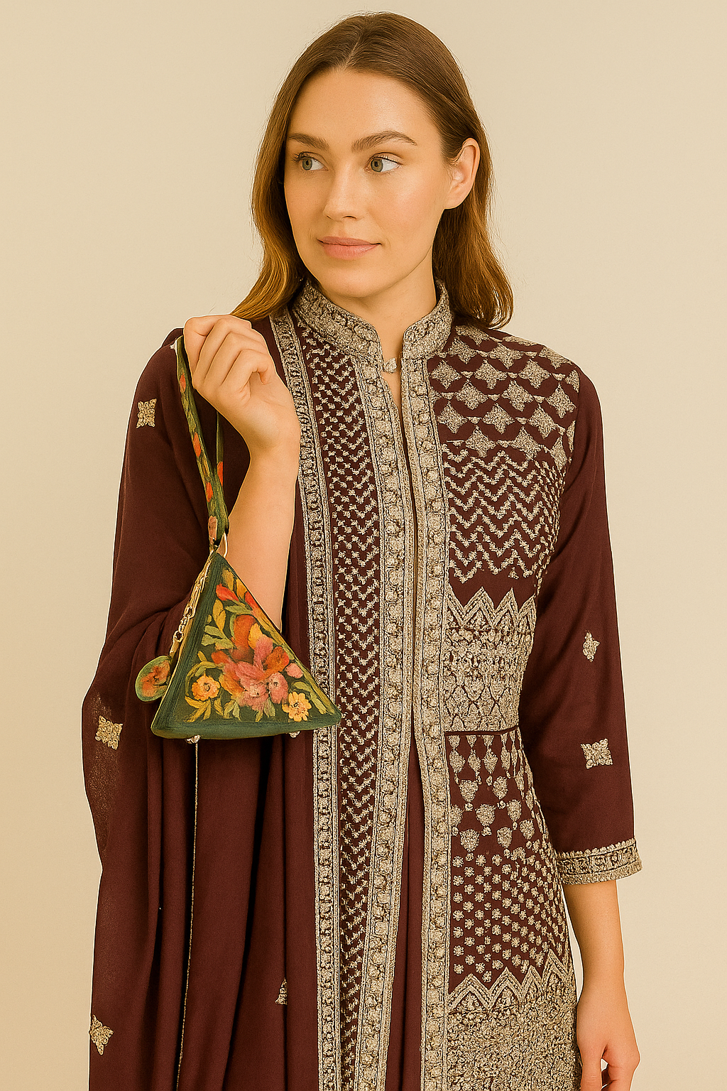 Women's triangle shaped leather purses with Kashmiri aari work