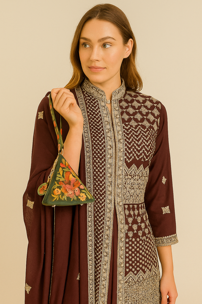 Women's triangle shaped leather purses with Kashmiri aari work