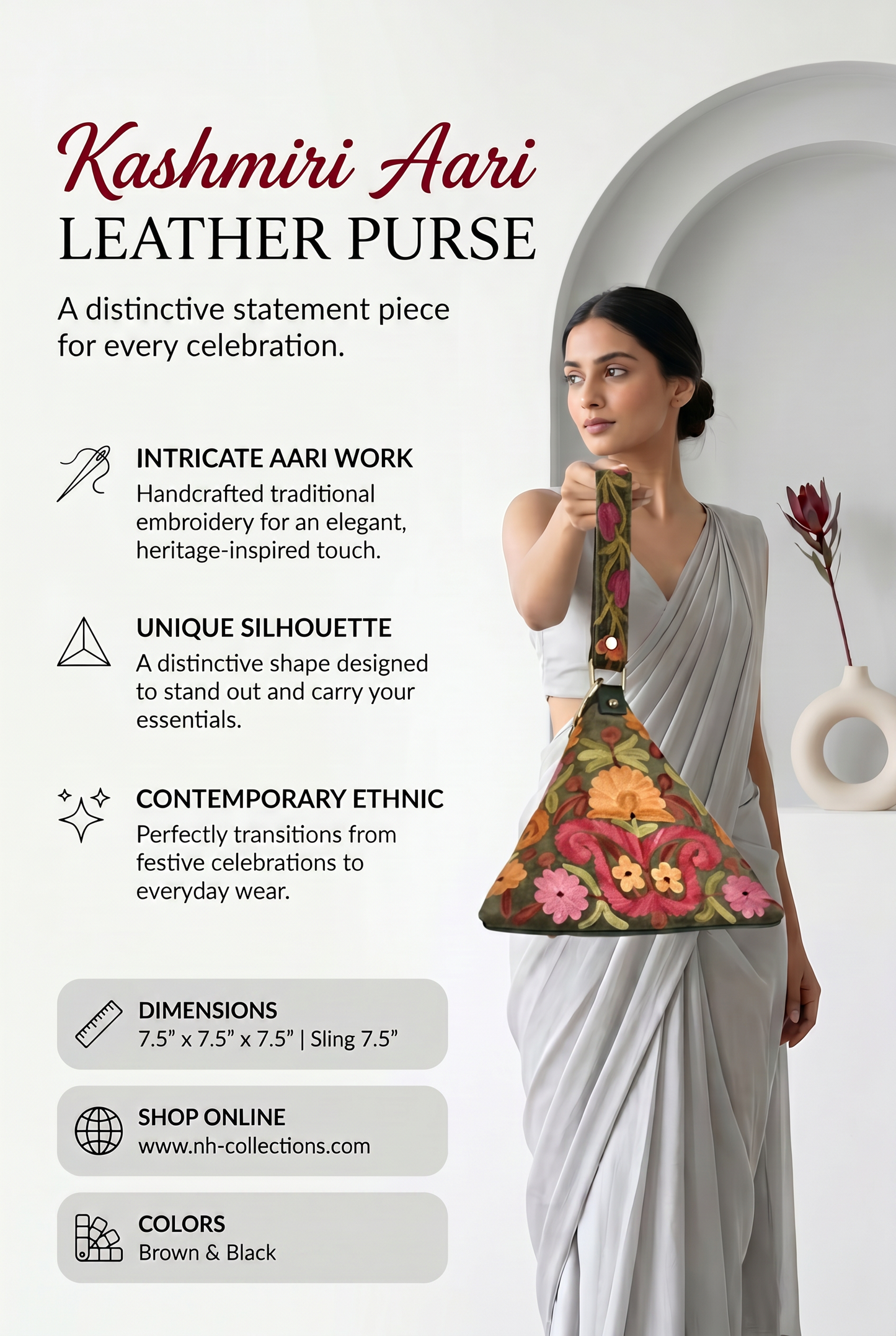 Women's triangle shaped leather purses with Kashmiri aari work