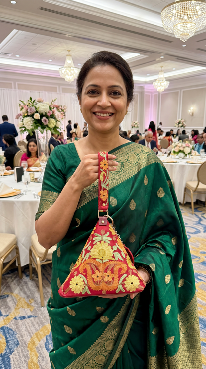 Women's triangle shaped leather purses with Kashmiri aari work