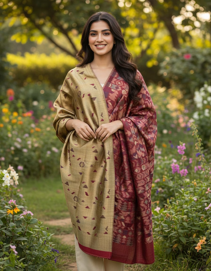 Women’s reversible ikkat weave zari shawls