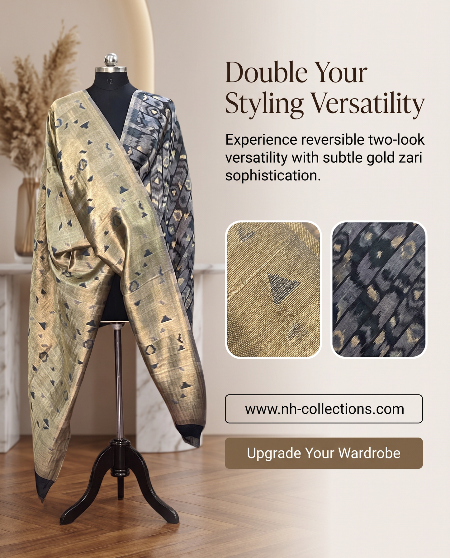 Women’s reversible ikkat weave zari shawls