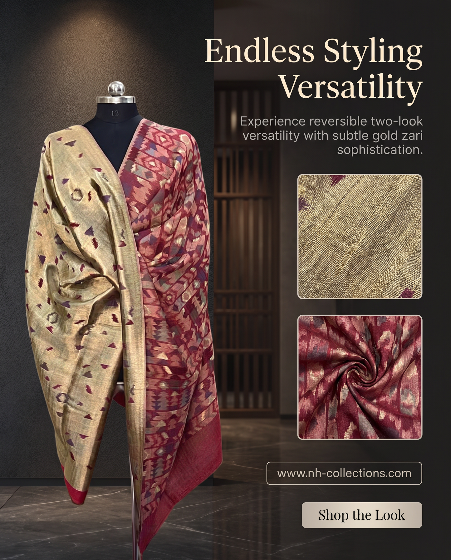 Women’s reversible ikkat weave zari shawls