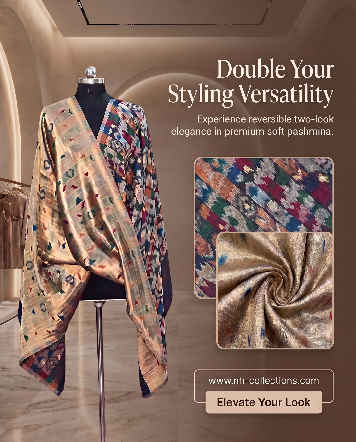 Women’s reversible ikkat weave zari shawls