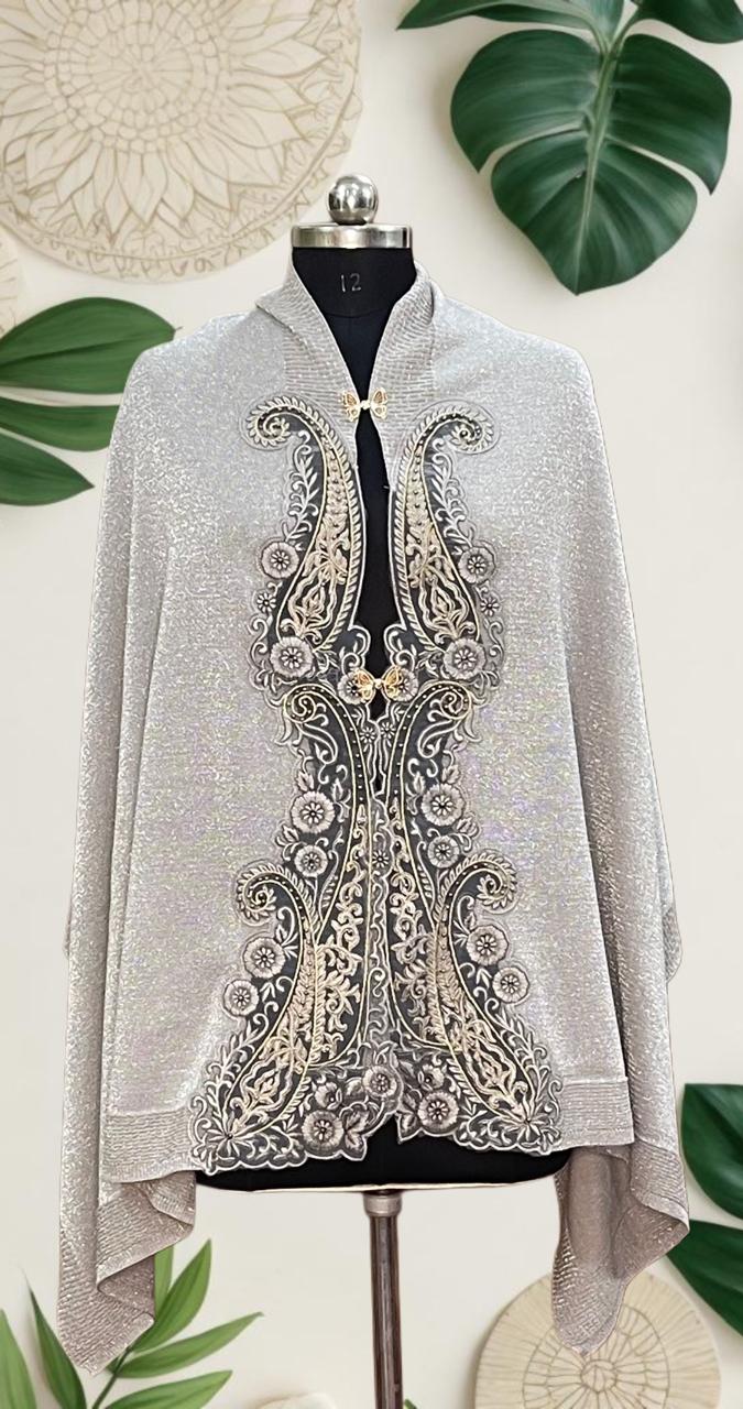 Women's knitted cape shawls with pearls and leaf embroidery