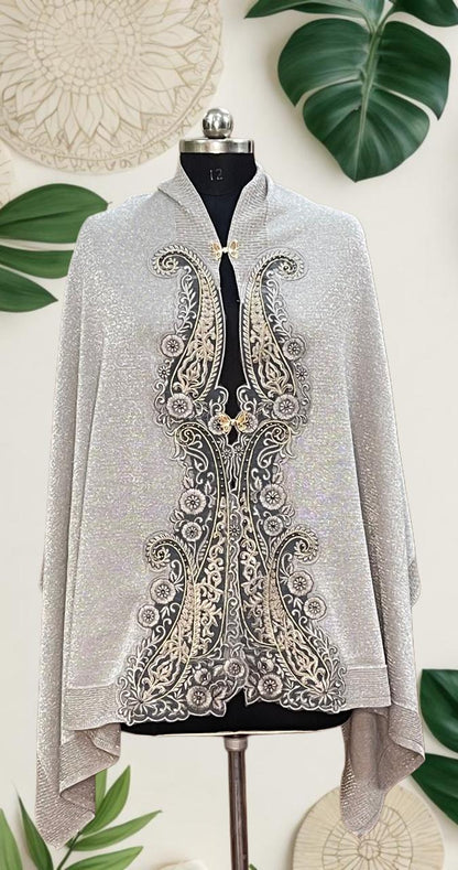 Women's knitted cape shawls with pearls and leaf embroidery