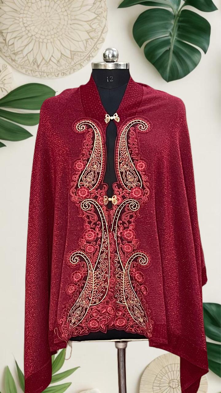 Women's knitted cape shawls with pearls and leaf embroidery