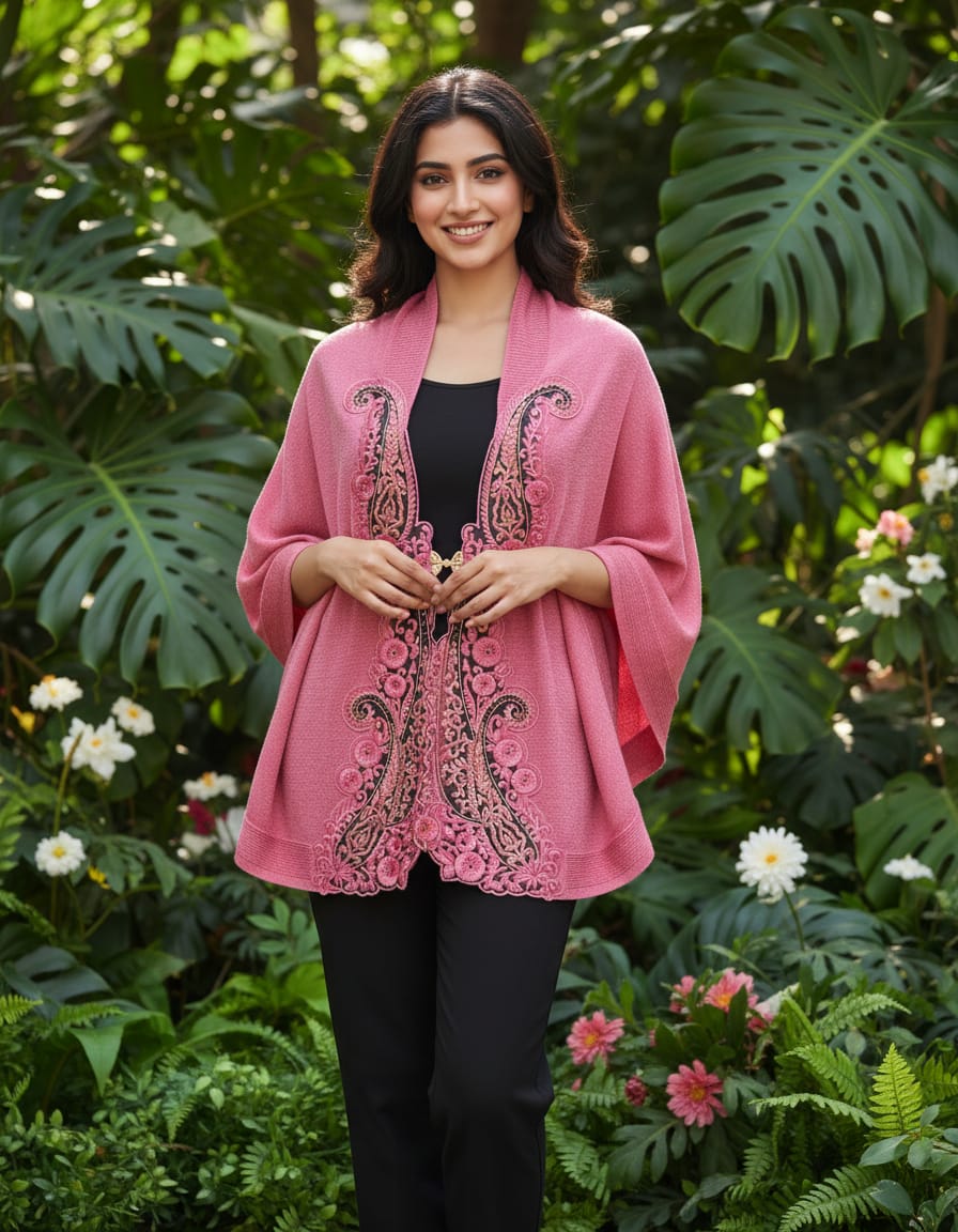 Women's knitted cape shawls with pearls and leaf embroidery