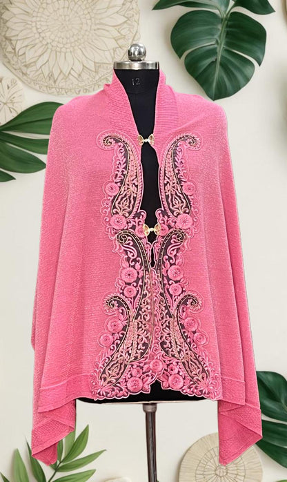 Women's knitted cape shawls with pearls and leaf embroidery