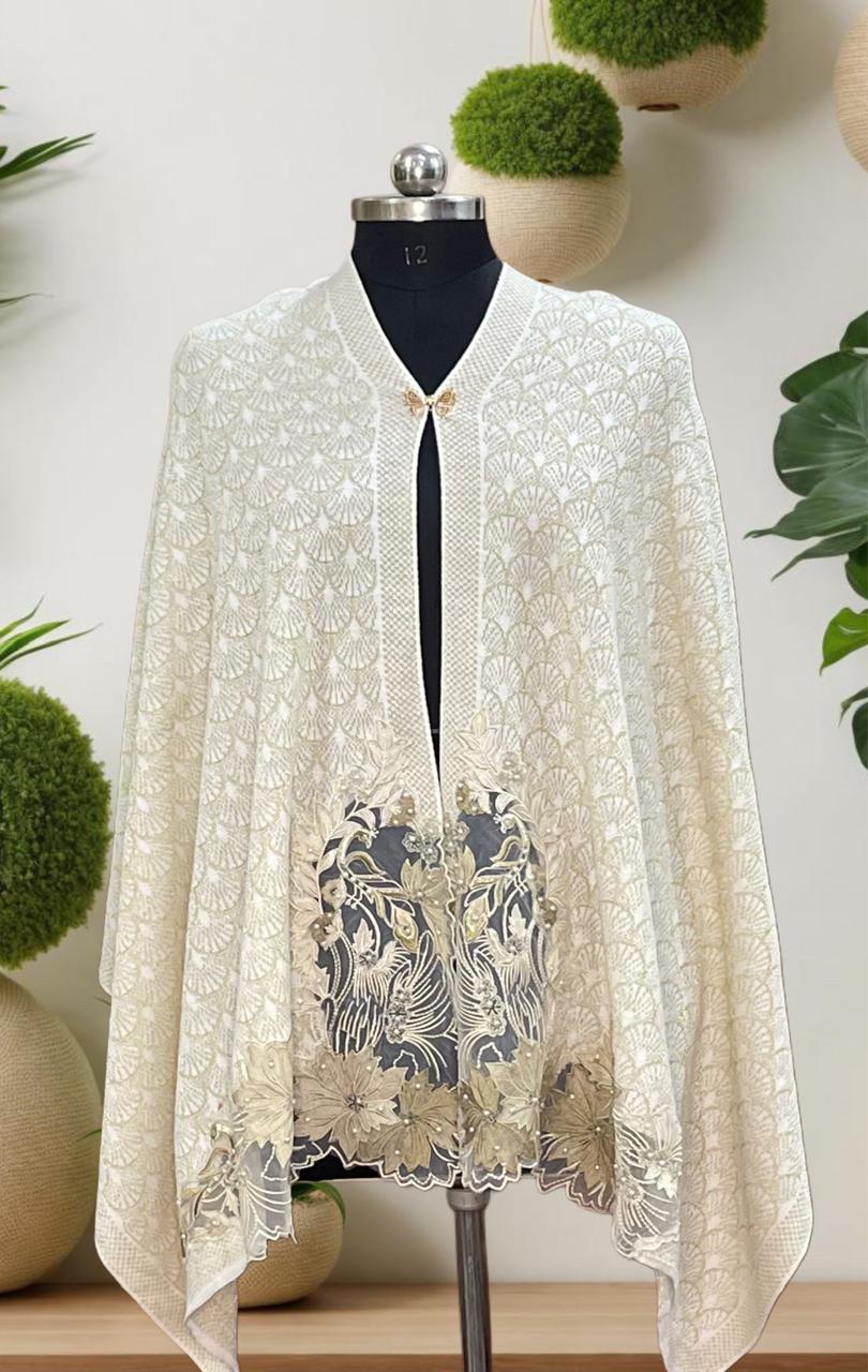 Women's knitted cape shawls with flower cutwork and pearls