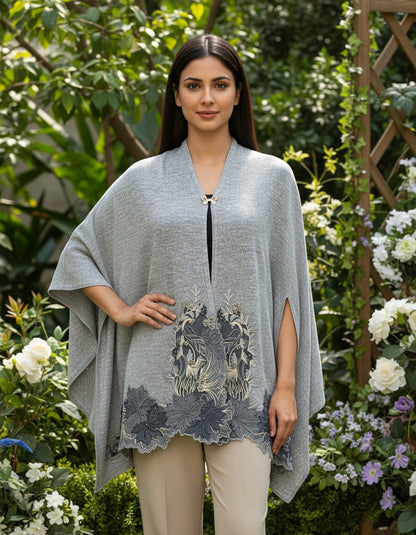 Women's knitted cape shawls with flower cutwork and pearls