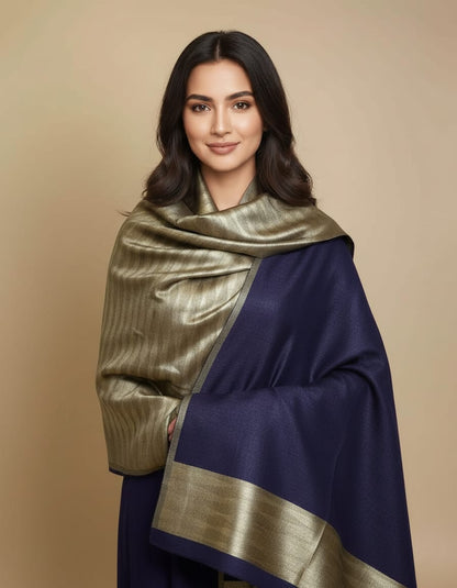 Women's zari shimmer reversible ikkat shawl - Navy with Gold