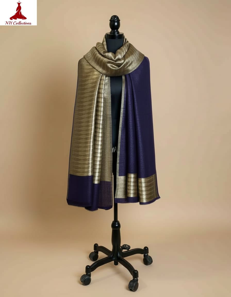 Women's zari shimmer reversible ikkat shawl - Navy with Gold