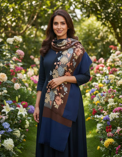 Women's pashmina stole with nalki embroidery black & navy