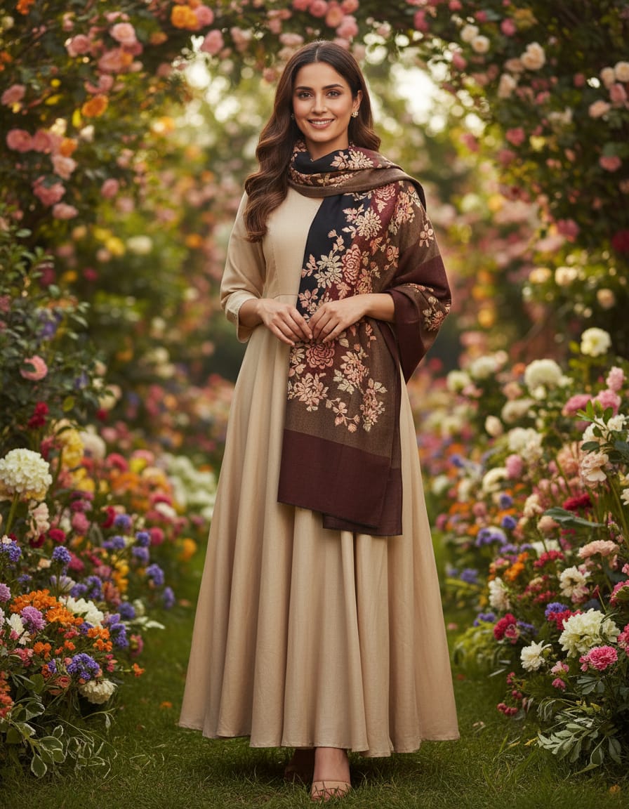 Women's pashmina stole with nalki embroidery black & brown