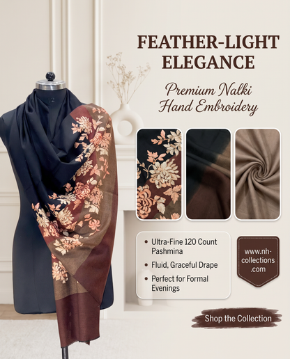Women's pashmina stole with nalki embroidery black & brown