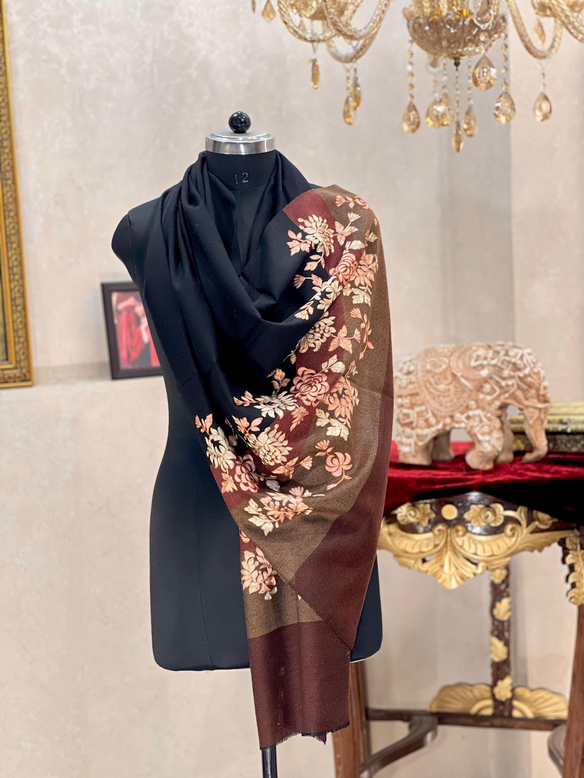 Women's pashmina stole with nalki embroidery black & brown