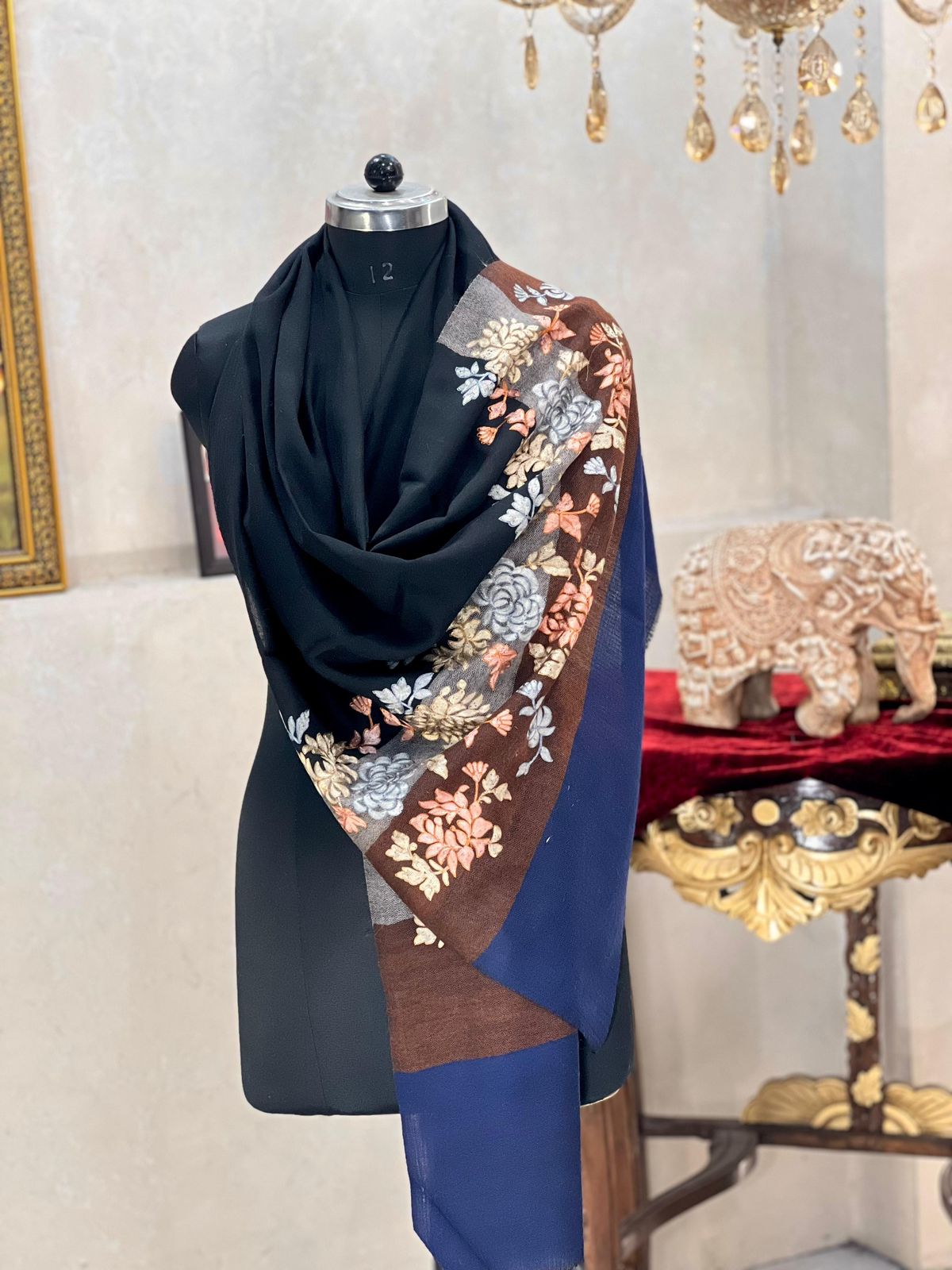Women's pashmina stole with nalki embroidery black & navy