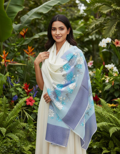 Women's pashmina stole with nalki embroidery off-white with blue - detail view