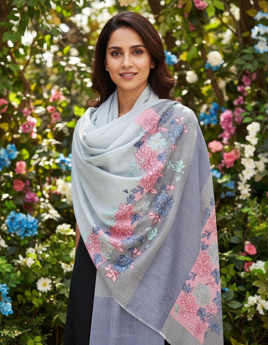 Women's pashmina stole with nalki embroidery light blue with pink