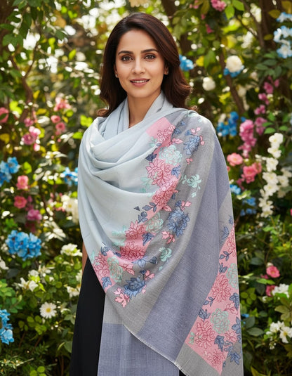 Women's pashmina stole with nalki embroidery light blue with pink