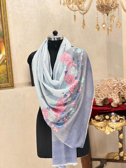 Women's pashmina stole with nalki embroidery light blue with pink