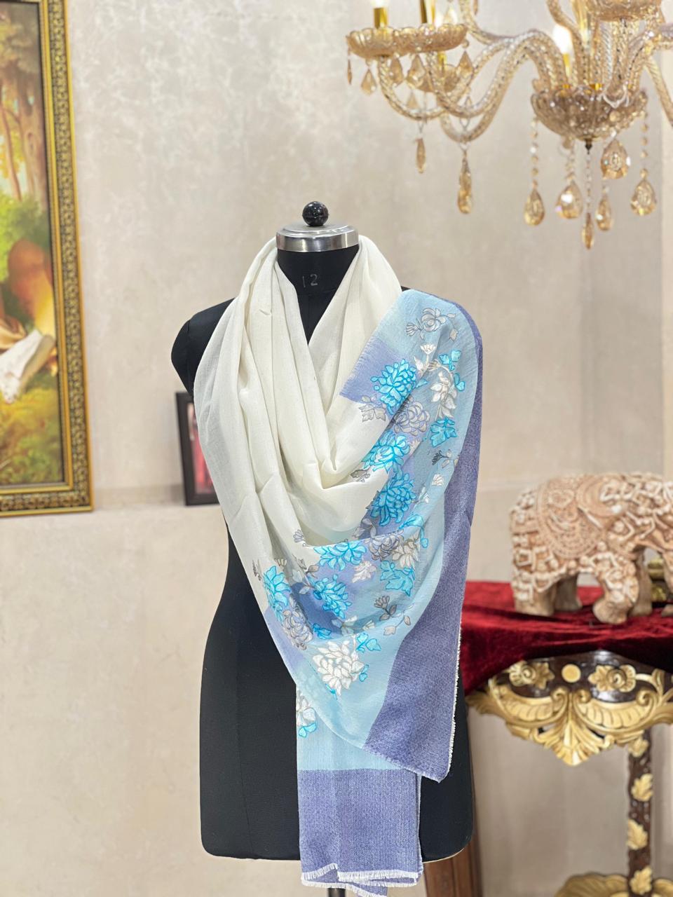 Women's pashmina stole with nalki embroidery off-white with blue