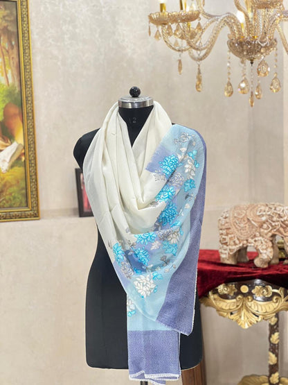 Women's pashmina stole with nalki embroidery off-white with blue