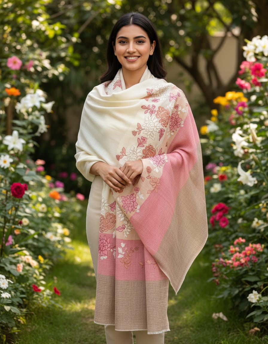 Women's pashmina stole with nalki embroidery off-white with pink