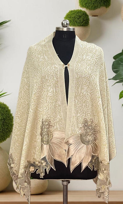 Women's knitted shawl with appliqué floral borders - close-up product detail